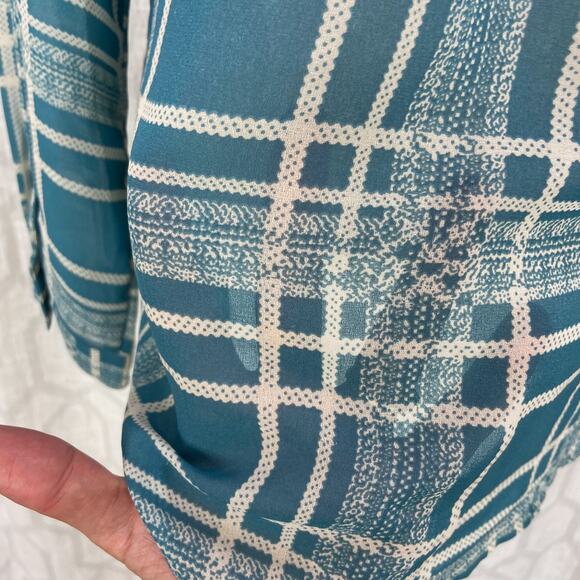 CAbi Windowpane Wrap Top Size M Teal Plaid Style 3068 Surplice V Neck Blouse - Picture 7 of 10